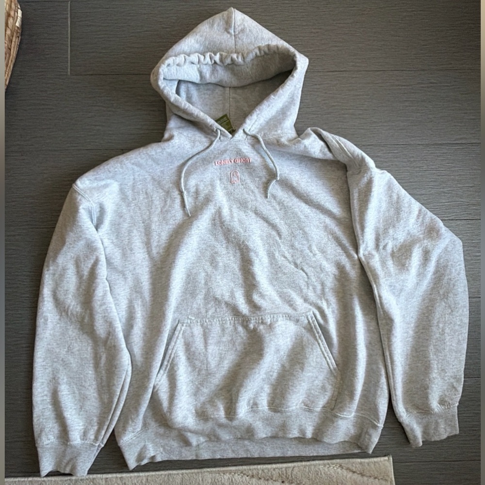 LONELY GHOST ‘Text Me When You Get Home’ Light Gray, Pink Font Hoodie